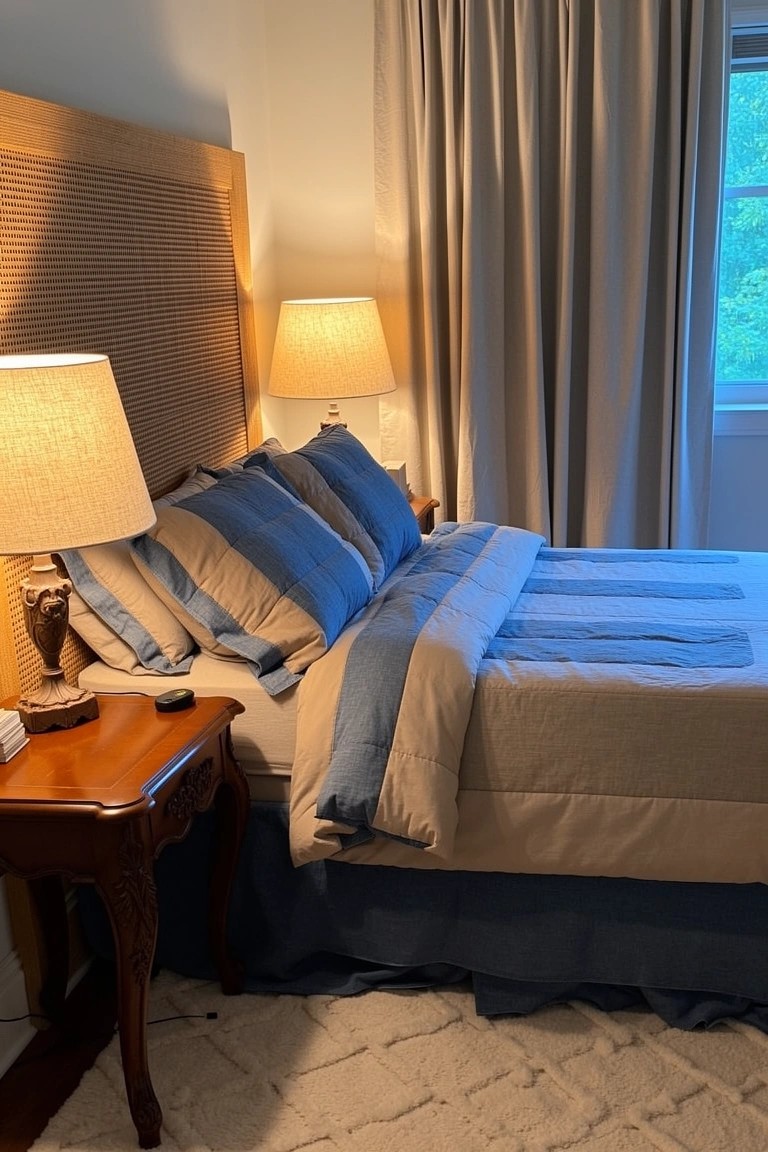 Bedroom with woven rattan headboard, blue-striped pillows and duvet, wood nightstand, and soft rug