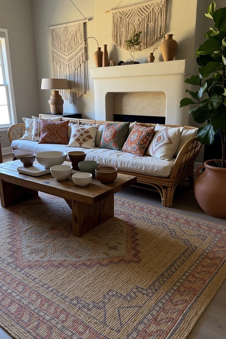 Boho living room with white rattan sofa topped by patterned pillows, wooden coffee table displaying assorted ceramic bowls, colorful textured rug, potted plants, macrame hangings, and neutral walls around a fireplace