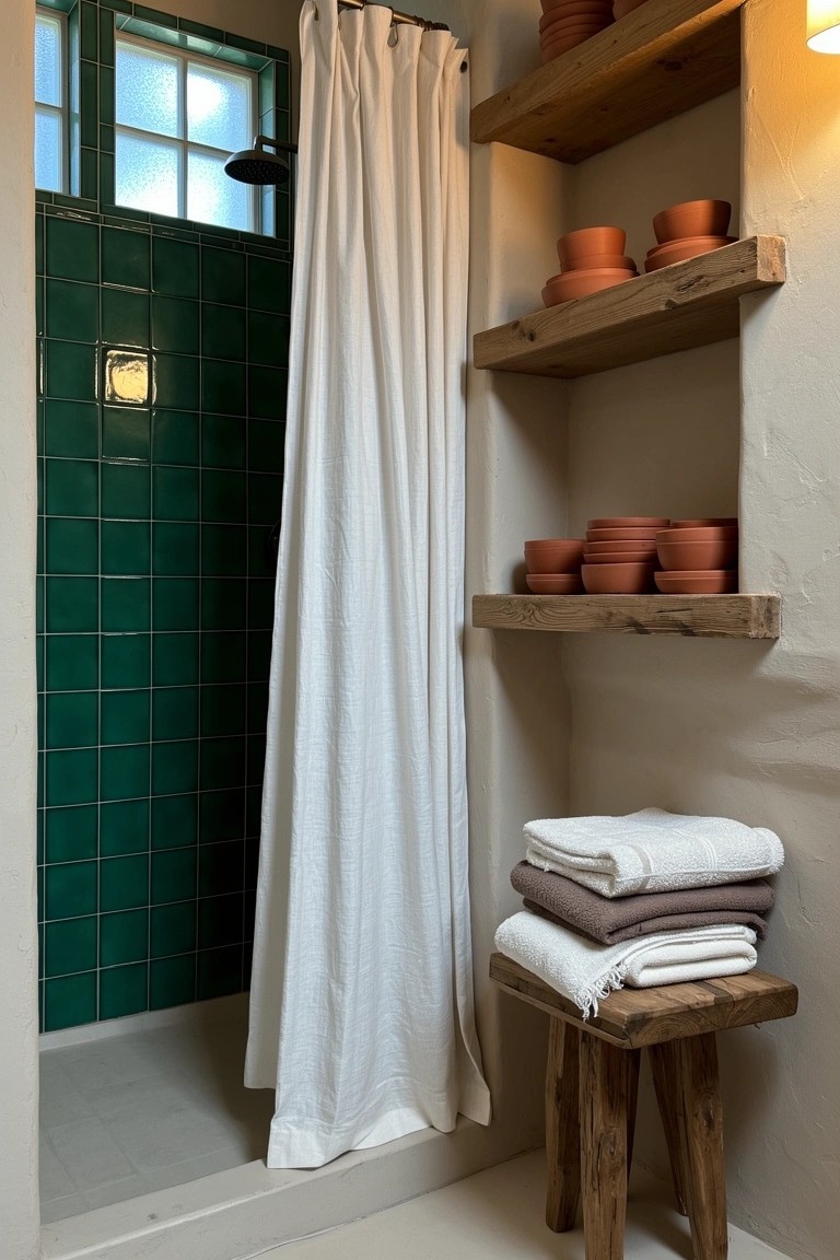 Rustic bathroom with green tiled shower enclosed by white curtain, wooden open shelves stacked with terracotta pots, folded neutral towels on wooden stool