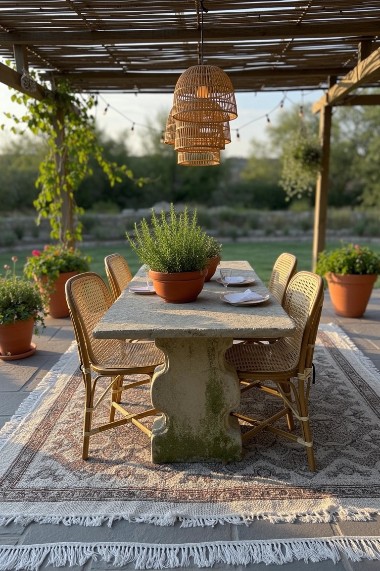 Rustic stone dining table with rattan chairs on a woven rug under a pergola, surrounded by terracotta potted plants