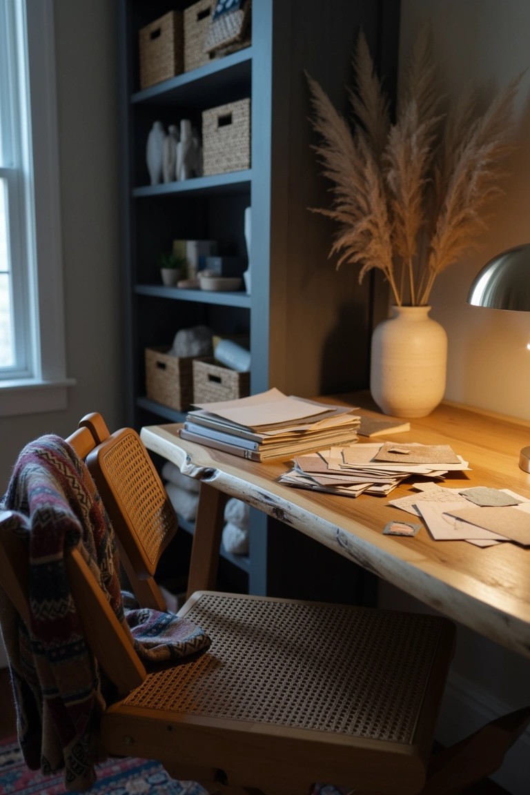 Wood desk with rattan chairs, draped blanket, stacked papers, pampas grass vase, and shelves in a textured boho home office