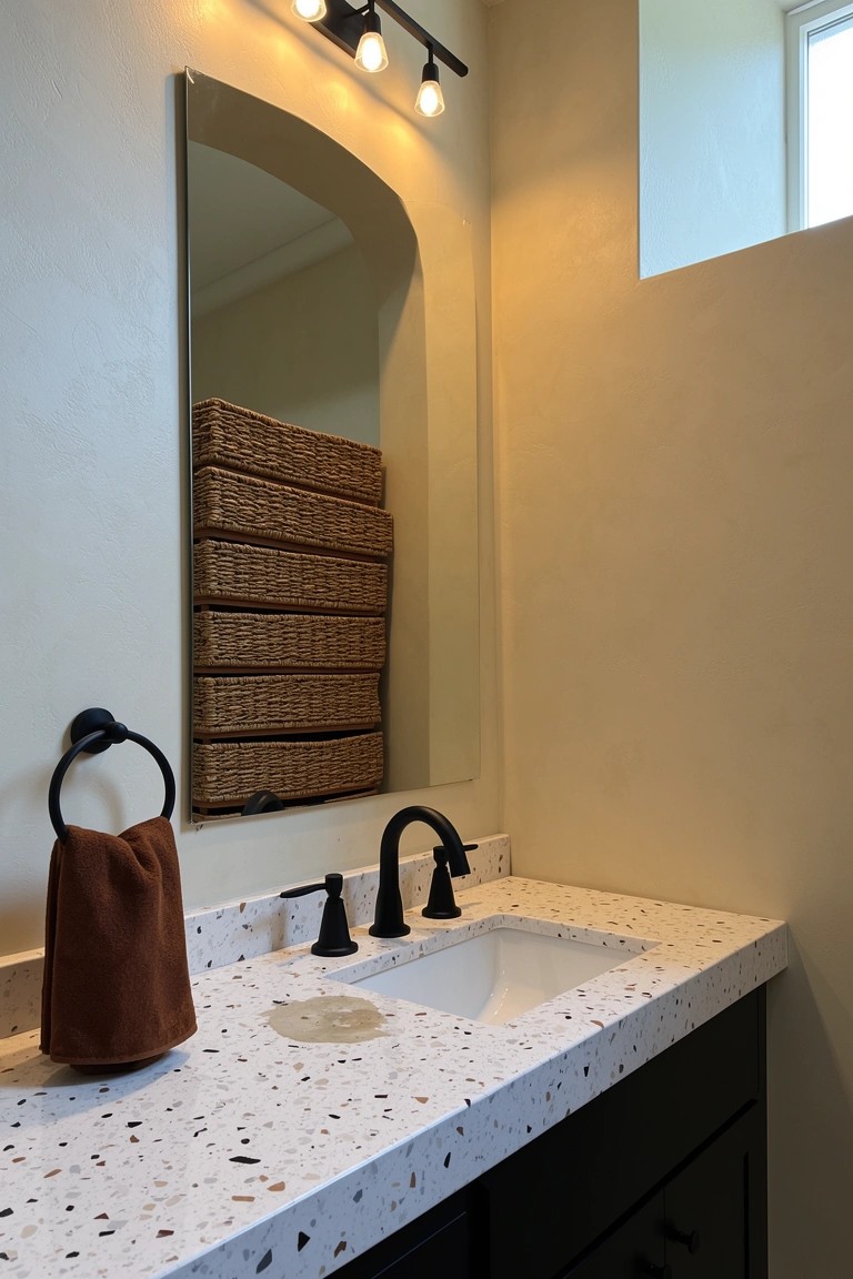 Stacked woven baskets next to arched mirror above bathroom vanity with terrazzo countertop