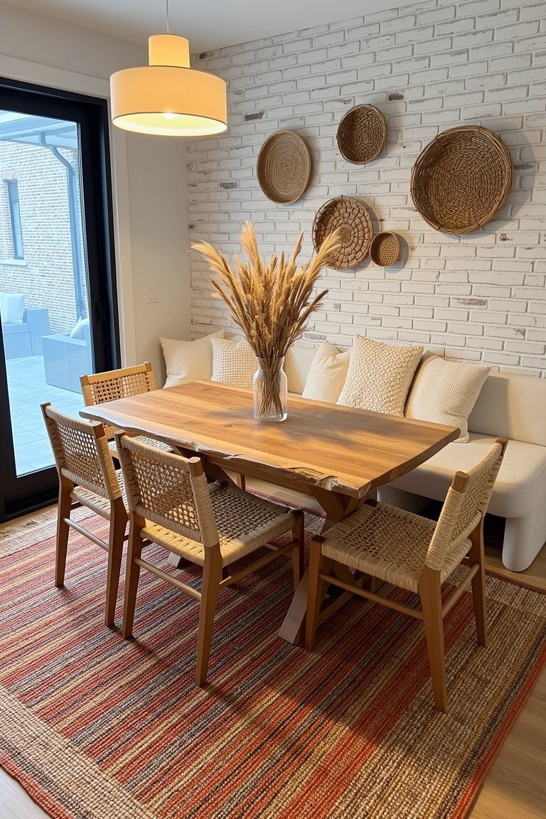 Cozy boho dining nook featuring a live edge wood table with rattan chairs, plush bench seating, tall pampas grass vase, assorted woven wall baskets against white brick, and a striped rug.