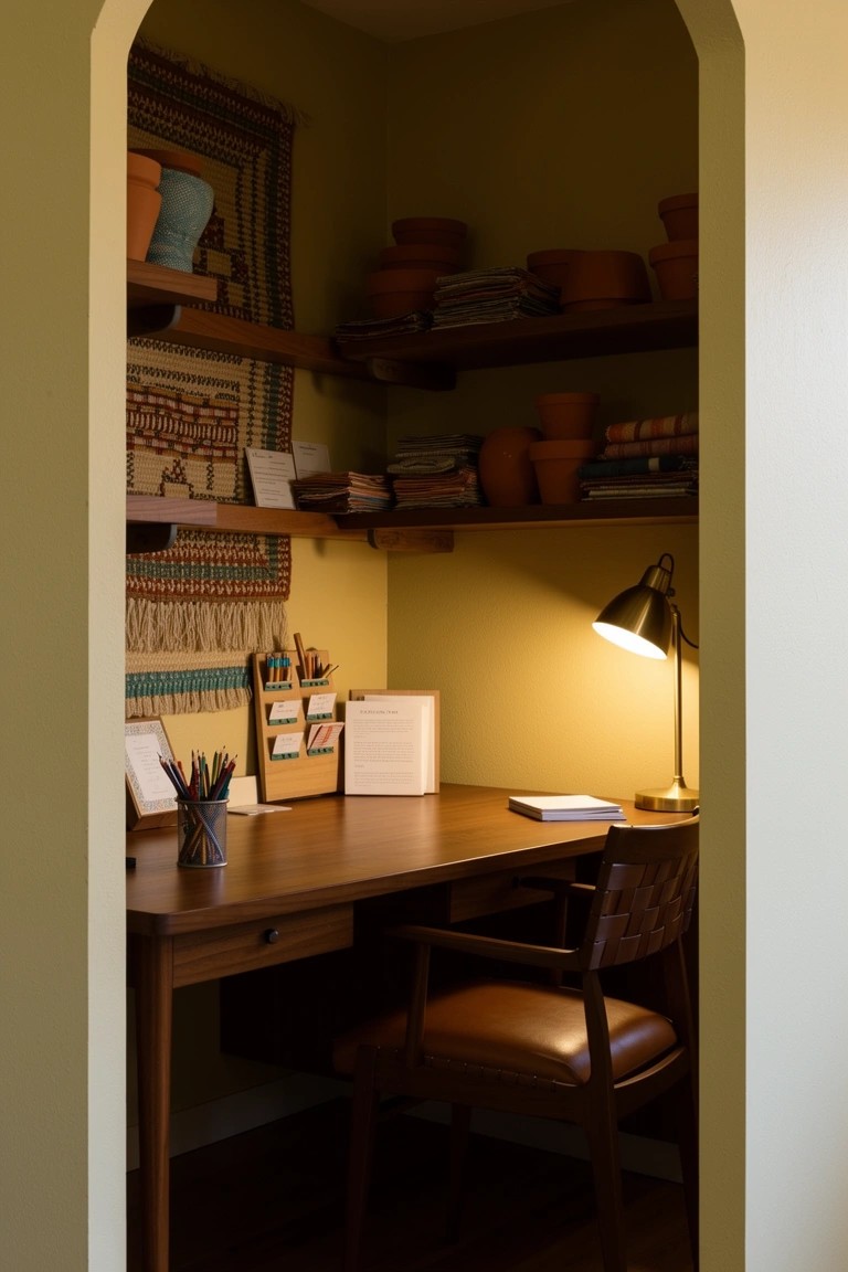 Cozy bohemian alcove workspace with wooden desk, leather chair, shelves of pottery and books, and warm desk lamp light