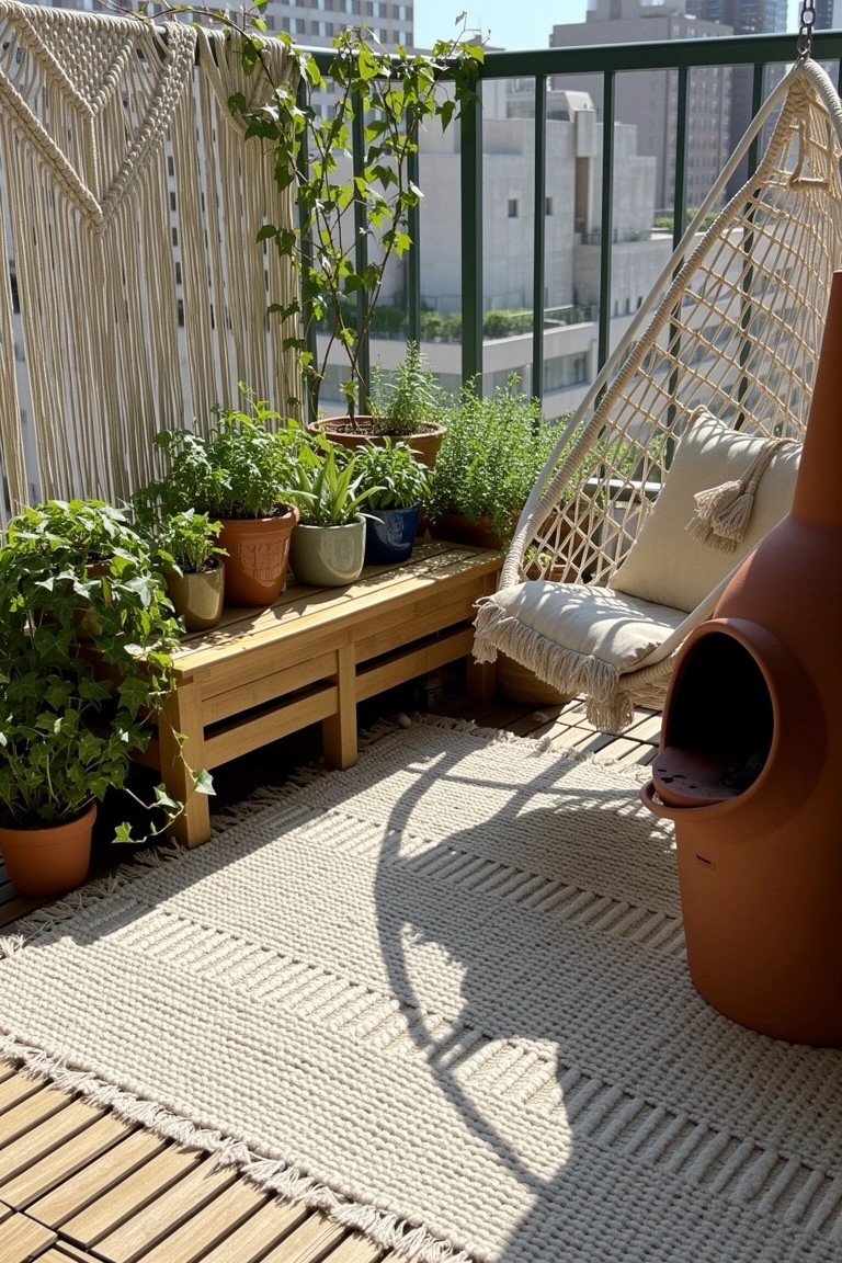 Bohemian balcony with wooden bench holding multiple potted herbs, hanging egg chair with cushions, macrame hangings, terracotta fire pit, and woven rug on deck