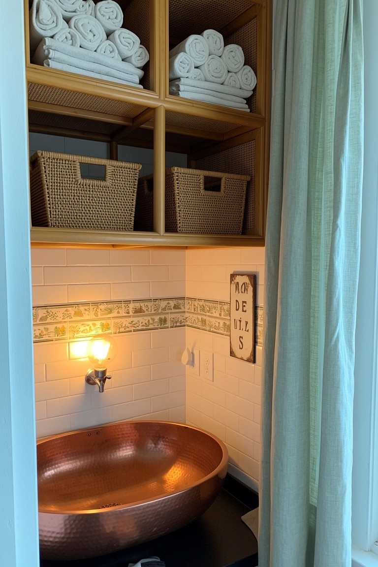 Open rattan shelves with wicker baskets holding white towels above a copper vessel sink in a bohemian bathroom