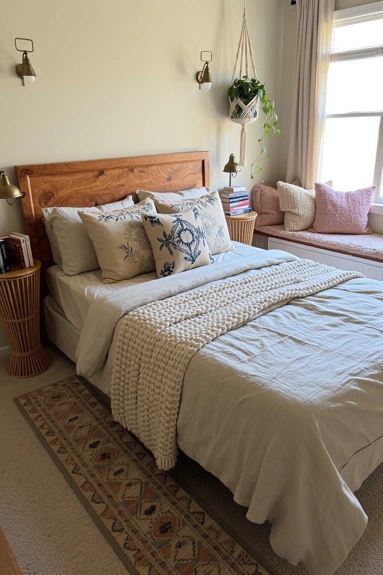 Cozy bohemian bedroom bed with chunky white knit throw, layered patterned pillows, wooden headboard, and rattan nightstands