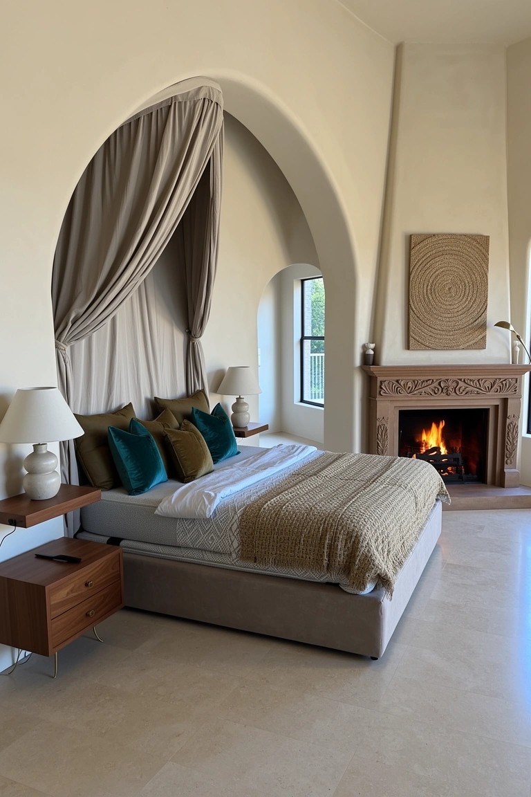 Bedroom with bed recessed in arched alcove draped in sheer fabric, green pillows, neutral bedding, wood nightstand, and lit stone fireplace on tiled floor