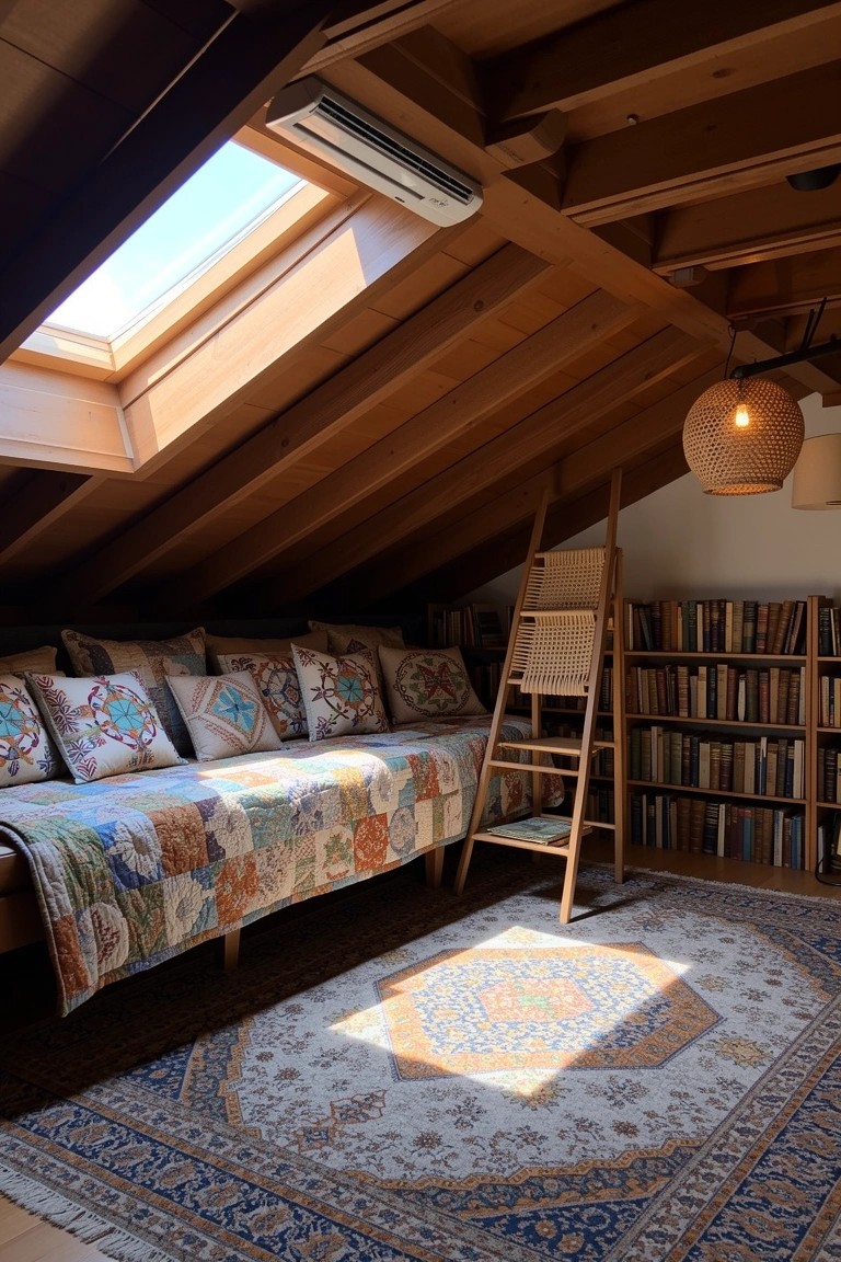 Cozy attic sleeping nook with exposed wood beams, colorful quilted bed, ladder bookshelves, and patterned rug
