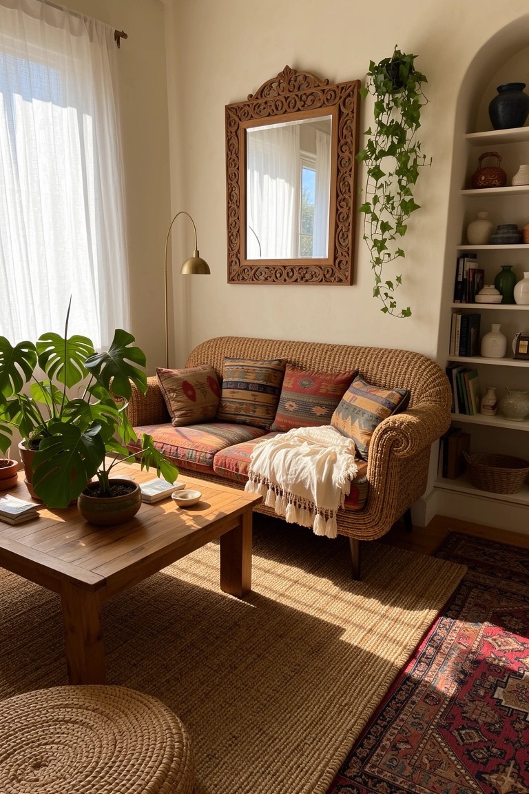 Cozy bohemian living room corner featuring a beige curved sofa with patterned pillows and throw blanket, potted monstera plants, wooden coffee table, arched wooden mirror with trailing plants, and woven pouf on a patterned rug