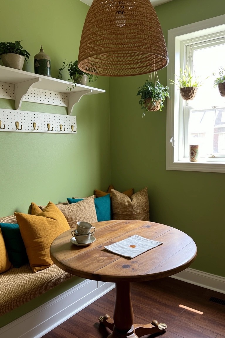 Cozy green corner banquette with colorful cushions, wooden round table, rattan pendant light, shelves, and plants