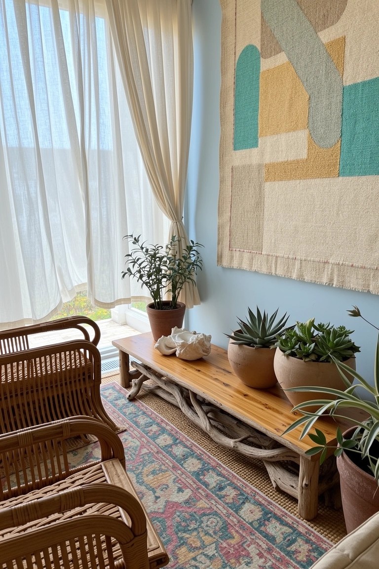 Boho seating nook featuring rattan chairs around a driftwood bench table topped with plants and a shell, large woven wall hanging, potted greenery, sheer curtains, and patterned rug