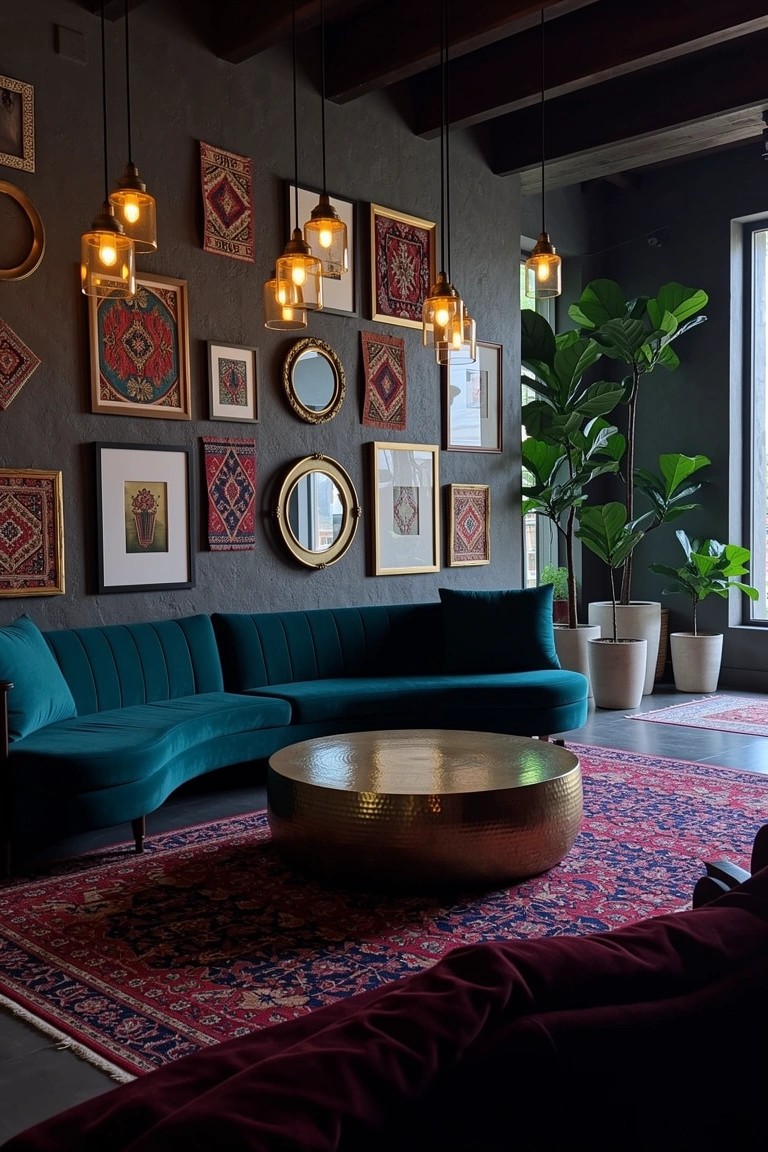 Boho lounge nook featuring a curved teal velvet sofa, brass drum coffee table on a Persian rug, and a large eclectic gallery wall of mixed frames, art, and mirrors on a dark wall with pendant lights and potted plants
