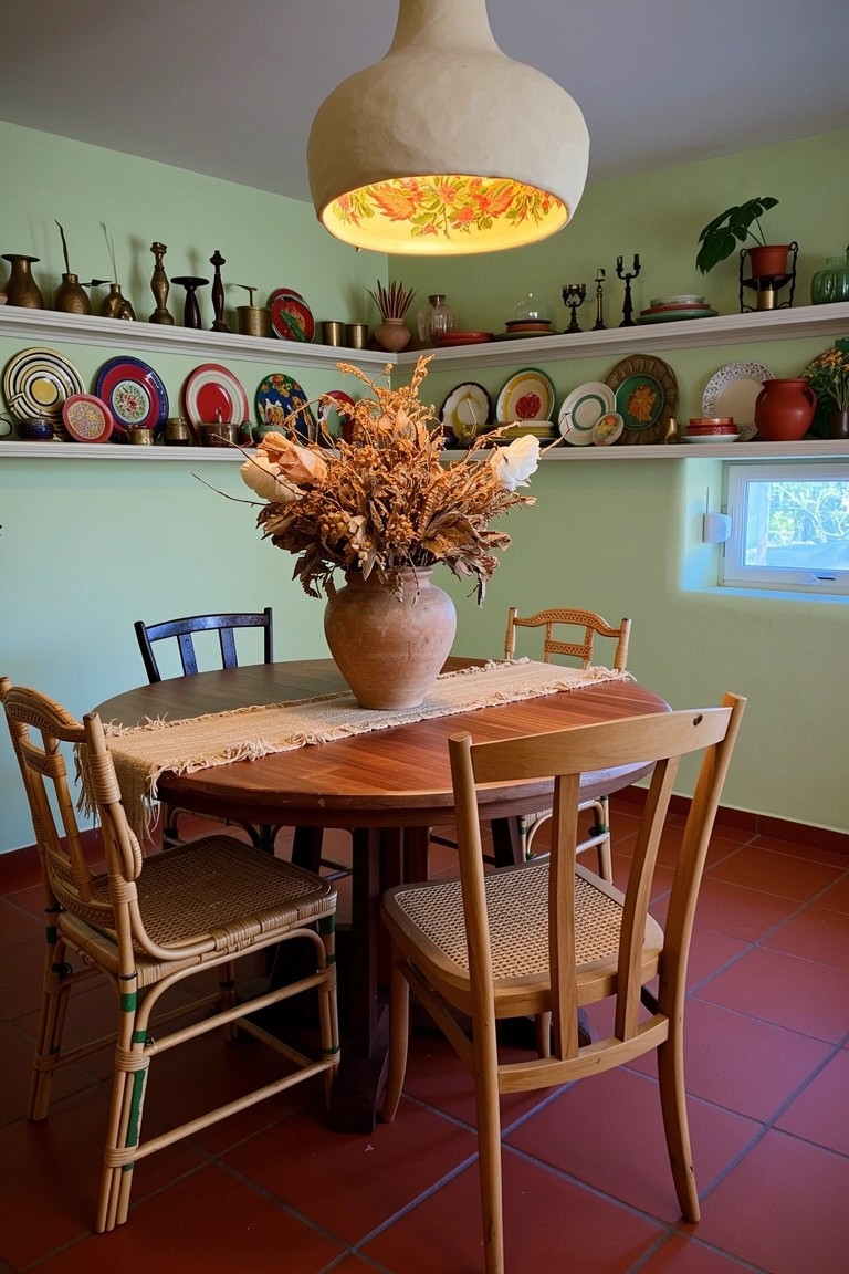 Green dining nook with open shelves displaying colorful plates, ceramics, and plants around a round wooden table with rattan chairs