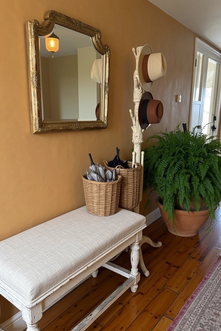 White cushioned bench under ornate gold mirror in warm-walled entryway, with hat stand, umbrella baskets, and potted fern on wood floor