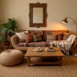 Cozy bohemian living room corner featuring a beige curved sofa with patterned pillows and throw blanket, potted monstera plants, wooden coffee table, arched wooden mirror with trailing plants, and woven pouf on a patterned rug