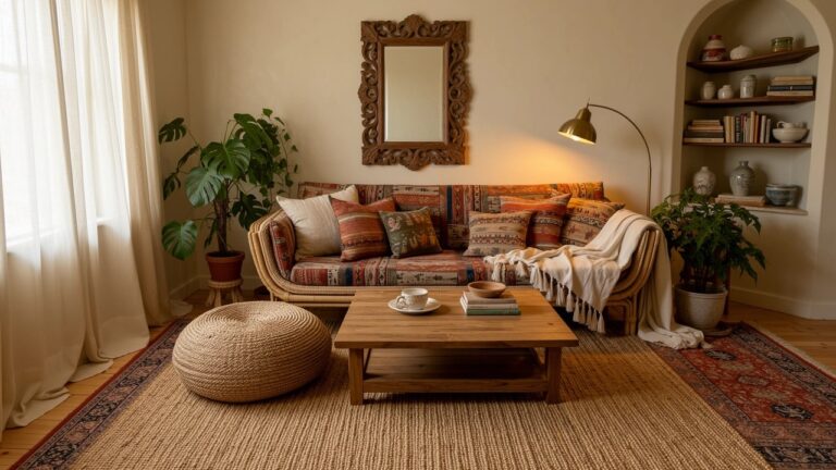 23 Timeless Bohemian Interior Design Ideas That Always Feel Stylish Cozy bohemian living room corner featuring a beige curved sofa with patterned pillows and throw blanket, potted monstera plants, wooden coffee table, arched wooden mirror with trailing plants, and woven pouf on a patterned rug