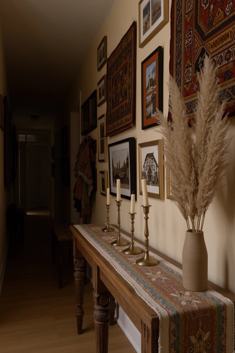 Narrow bohemian hallway with wooden console table on runner rug, brass candlesticks with candles, pampas grass in vase, eclectic framed art and textile wall hangings