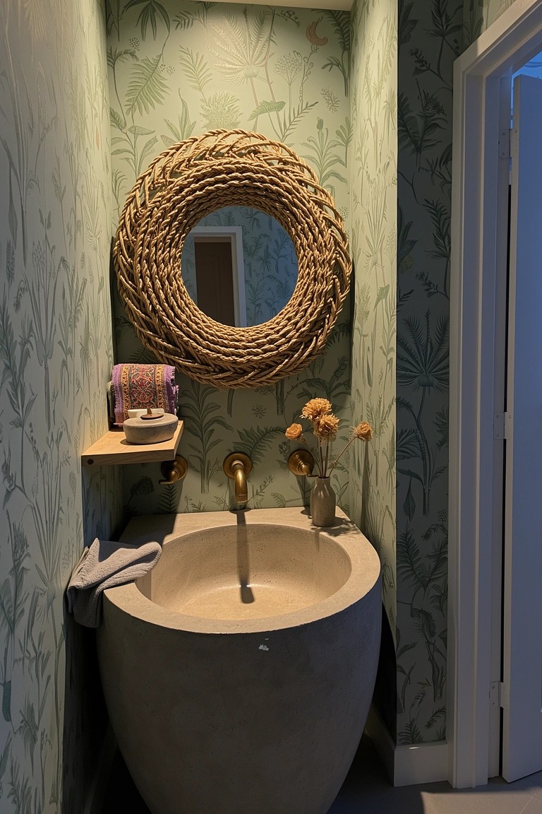Small powder room featuring green palm leaf wallpaper, round rattan framed mirror, beige stone sink with gold faucet, and a shelf with dried flowers