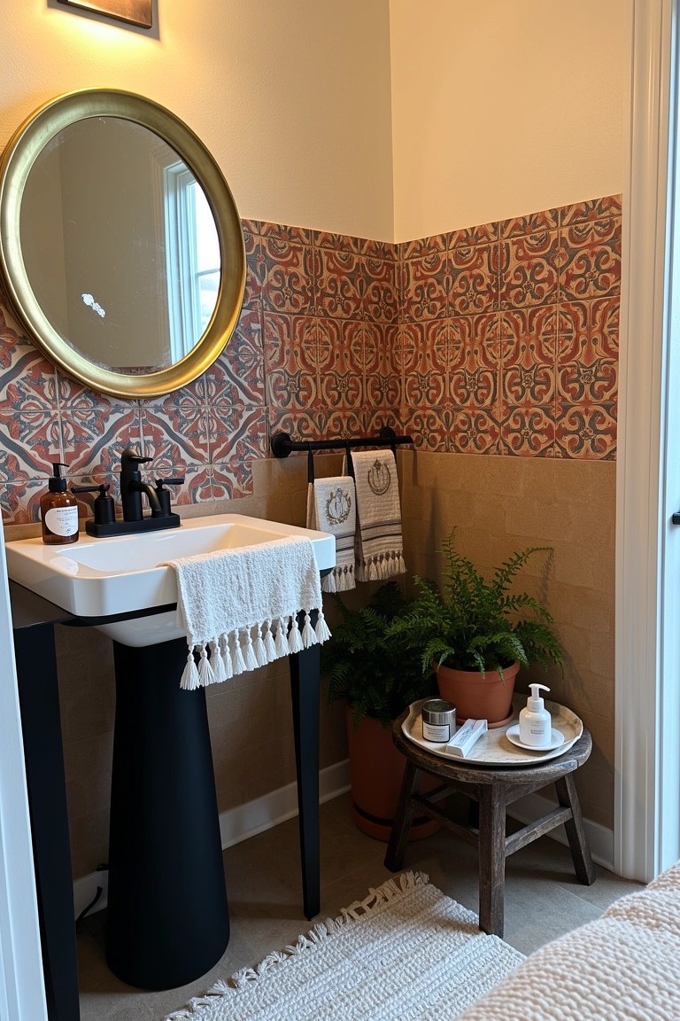 Bohemian powder room with red and blue patterned tile wainscoting on lower walls, black pedestal sink, gold round mirror, fringe towels, potted plants, and wooden stool