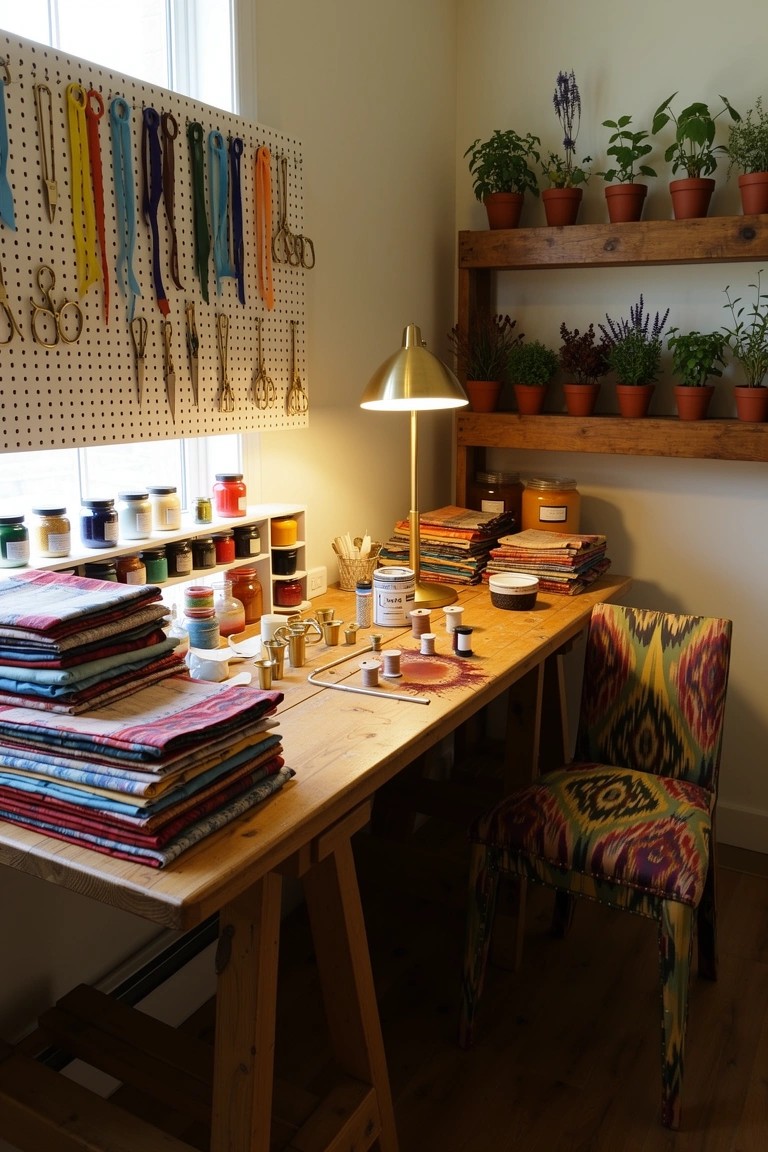 Boho workspace corner with pegboard wall holding colorful ribbons and tools, wooden desk with fabric stacks and paint jars, potted plants on shelves