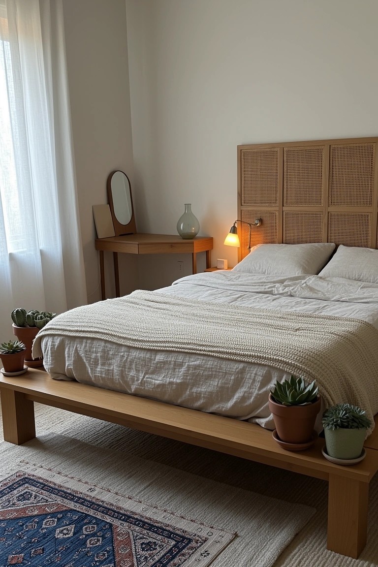 Cozy bedroom with low wooden platform bed holding potted succulents on the ledge, rattan headboard, white linens, and plants nearby