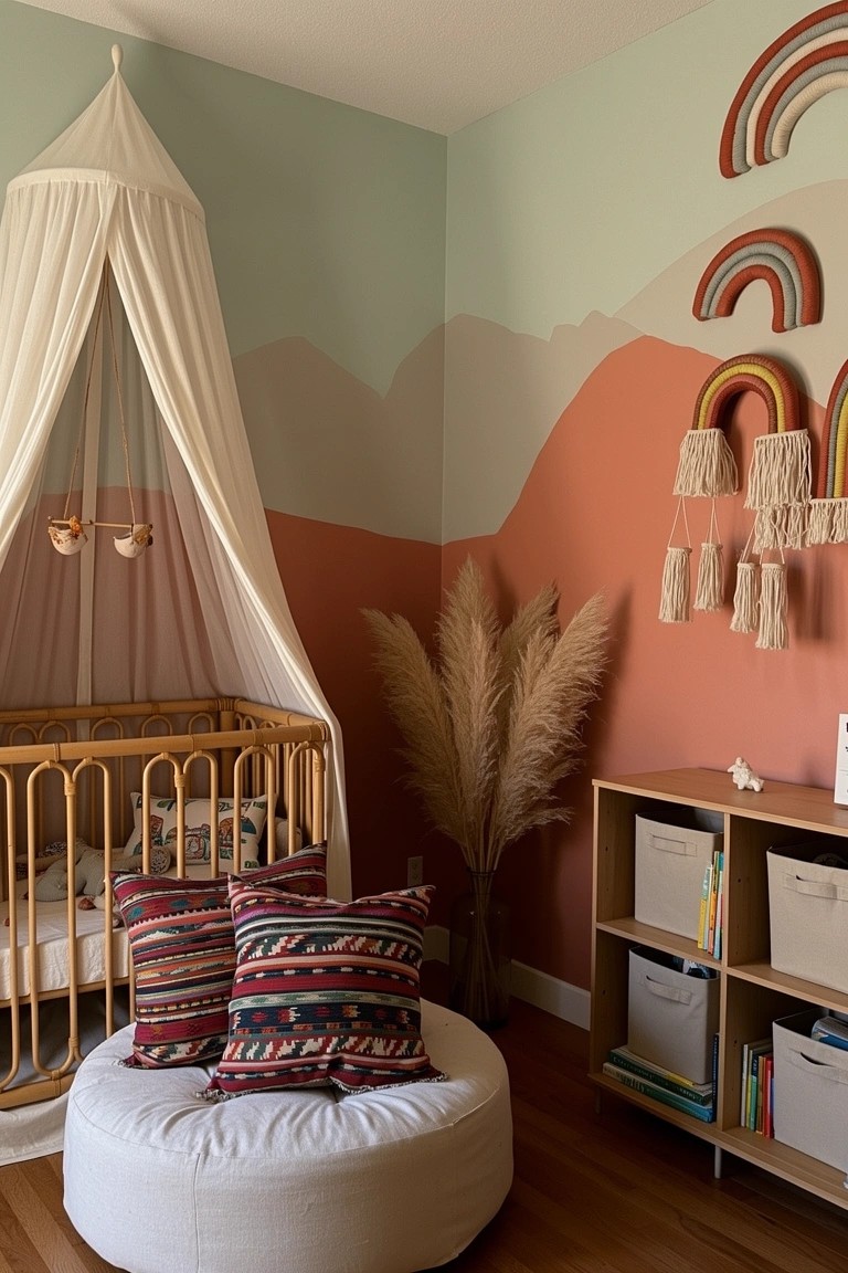 Bohemian nursery corner with canopy-draped wooden crib, tall pampas grass, macrame rainbow hanger, patterned pillows on pouf, bookshelves, and pastel wall mural of mountains and rainbow