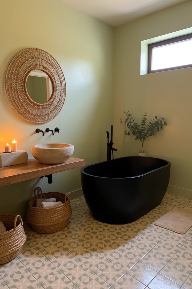 Boho bathroom featuring black freestanding tub, large rattan mirror, woven storage baskets, stone sink on wood vanity, pale green walls, and patterned tile floor