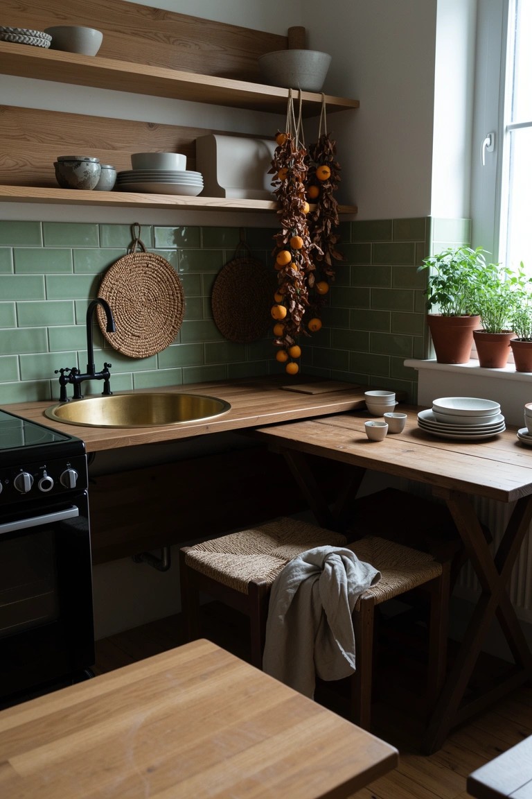 Cozy bohemian kitchen corner with open wooden shelves holding pottery and plates, sage green tiles, brass sink in wood counter, hanging dried peppers, and rattan stool.