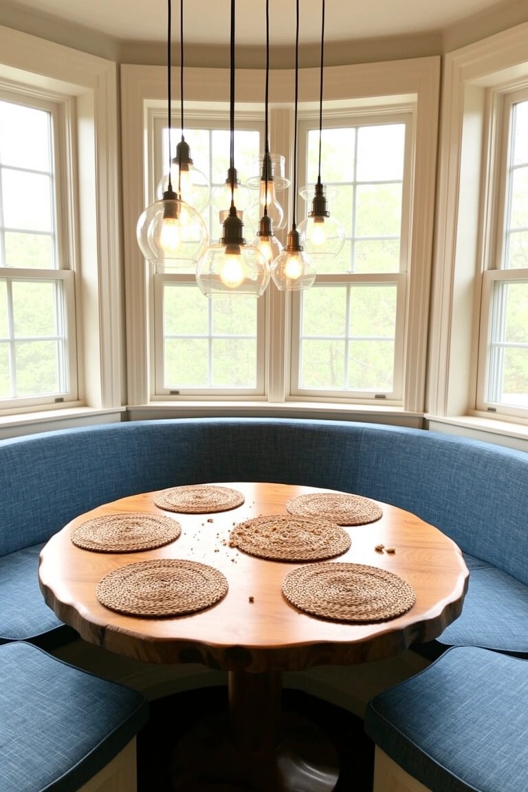 Blue curved banquette around a round wooden table with woven placemats in a bay window nook under a globe chandelier