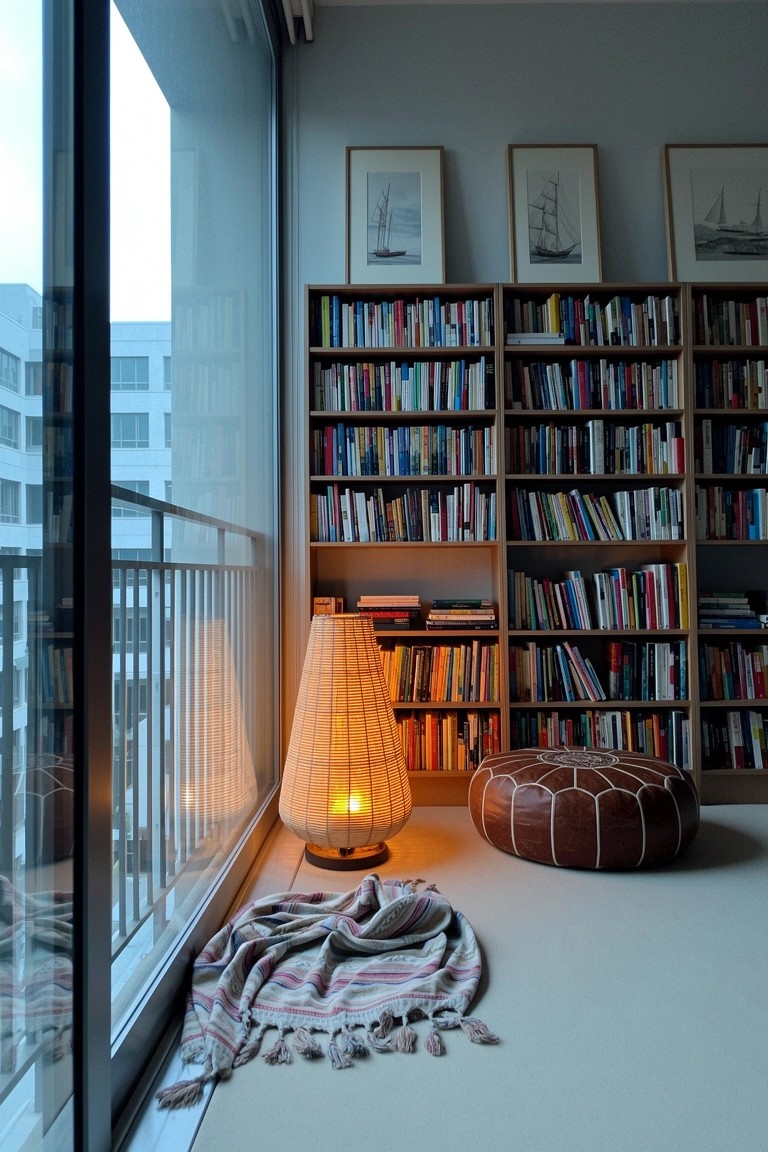 Tall bookshelves filled with books creating a cozy reading corner with woven floor lamp, leather pouf, and knit throw on light wood floor by large windows