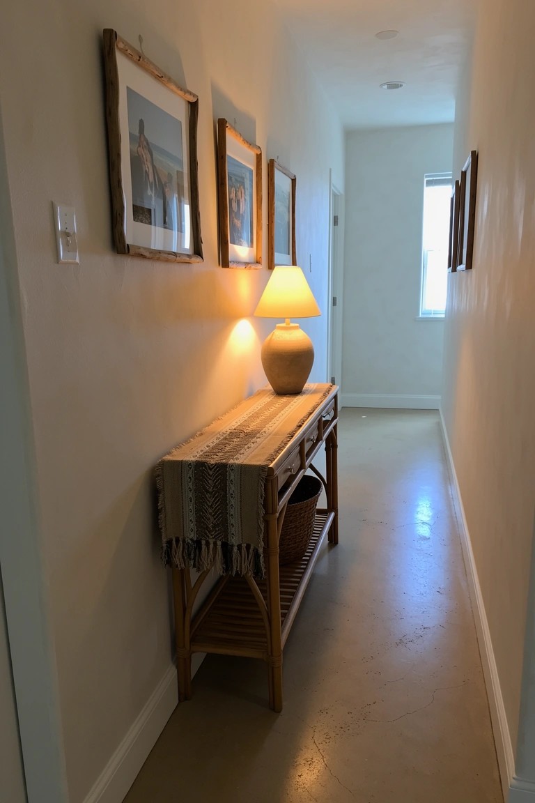 Wooden console table with lamp and woven runner in a light hallway