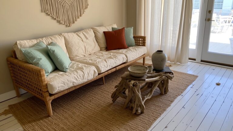 Rattan daybed with white cushions and teal pillows next to driftwood coffee table in light boho room