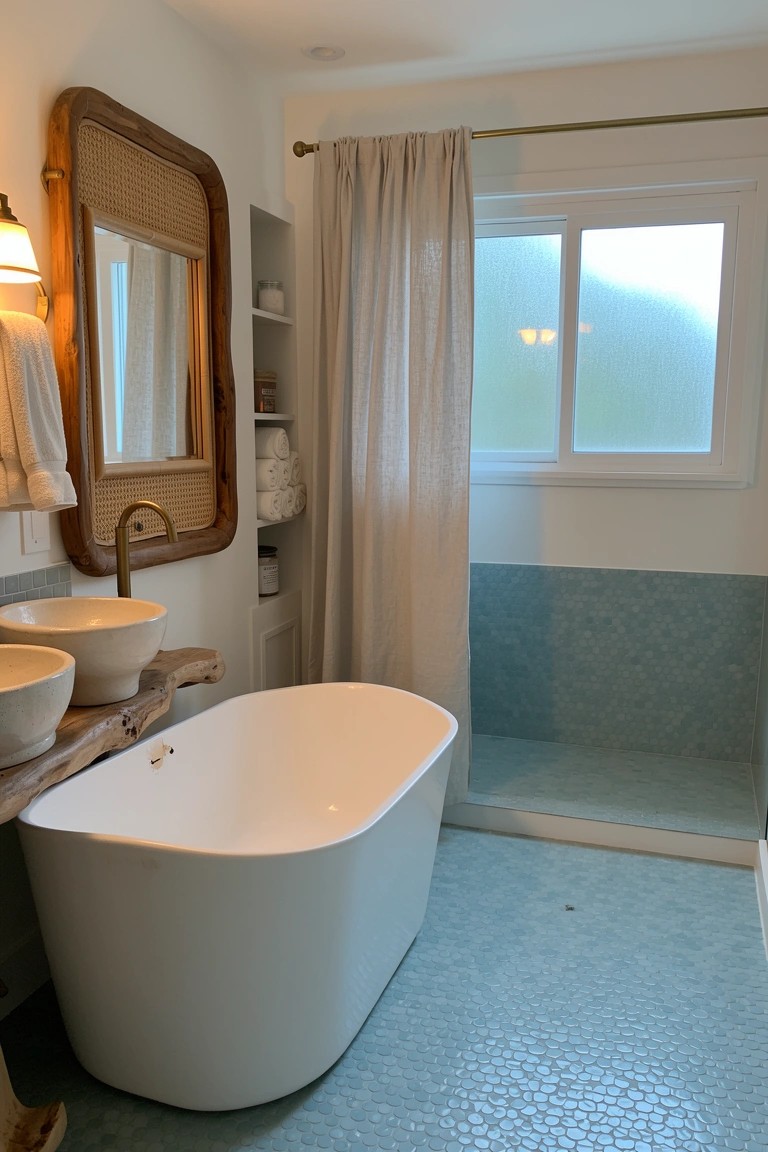 White freestanding soaking tub in coastal boho bathroom on blue fishscale tile floor, with driftwood vanity, double bowl sinks, and rattan mirror