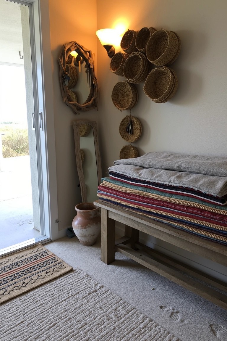 Wooden bench stacked with folded colorful blankets in an entry corner by sliding door, woven baskets and shell mirror on wall