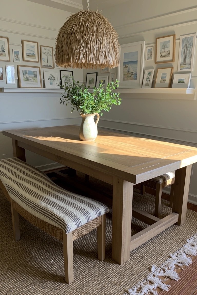 Coastal boho dining nook featuring a large woven pendant light over a wooden table with striped bench seating, green branch centerpiece, and gallery wall of framed art