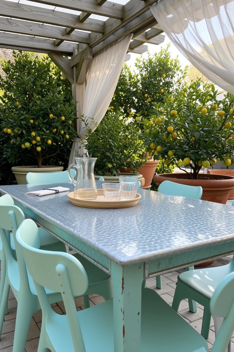 Outdoor patio table with turquoise chairs surrounded by potted lemon trees and sheer curtains on a pergola