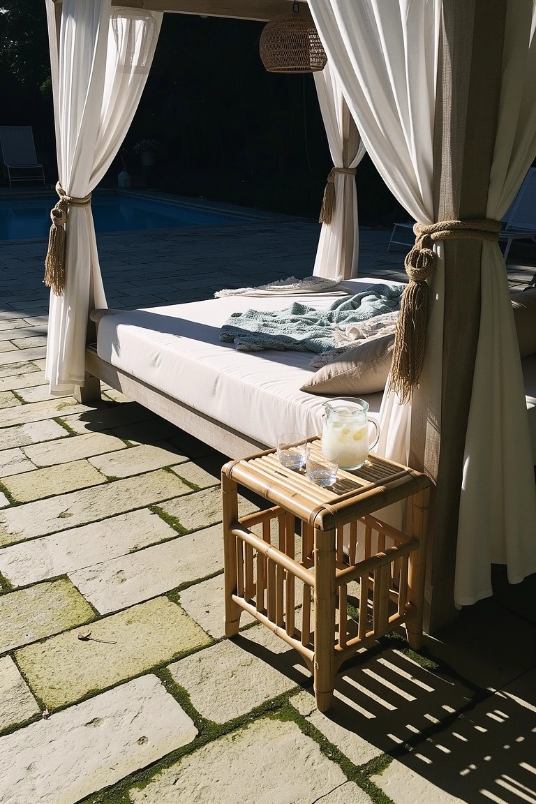 Outdoor poolside daybed draped in white sheer curtains on a wooden frame, with neutral bedding and a bamboo side table on stone pavers