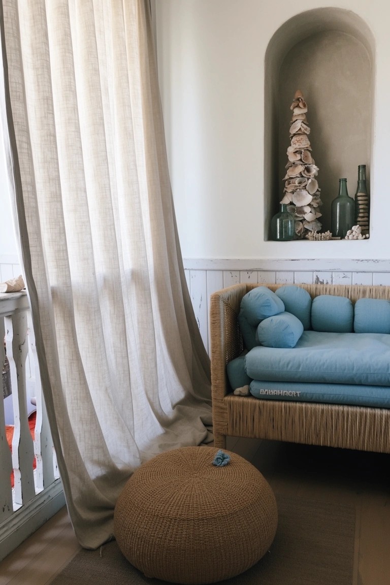 Rattan sofa with blue cushions and woven pouf in a white corner with arched niche holding seashells, green bottles, and flowing beige linen curtains