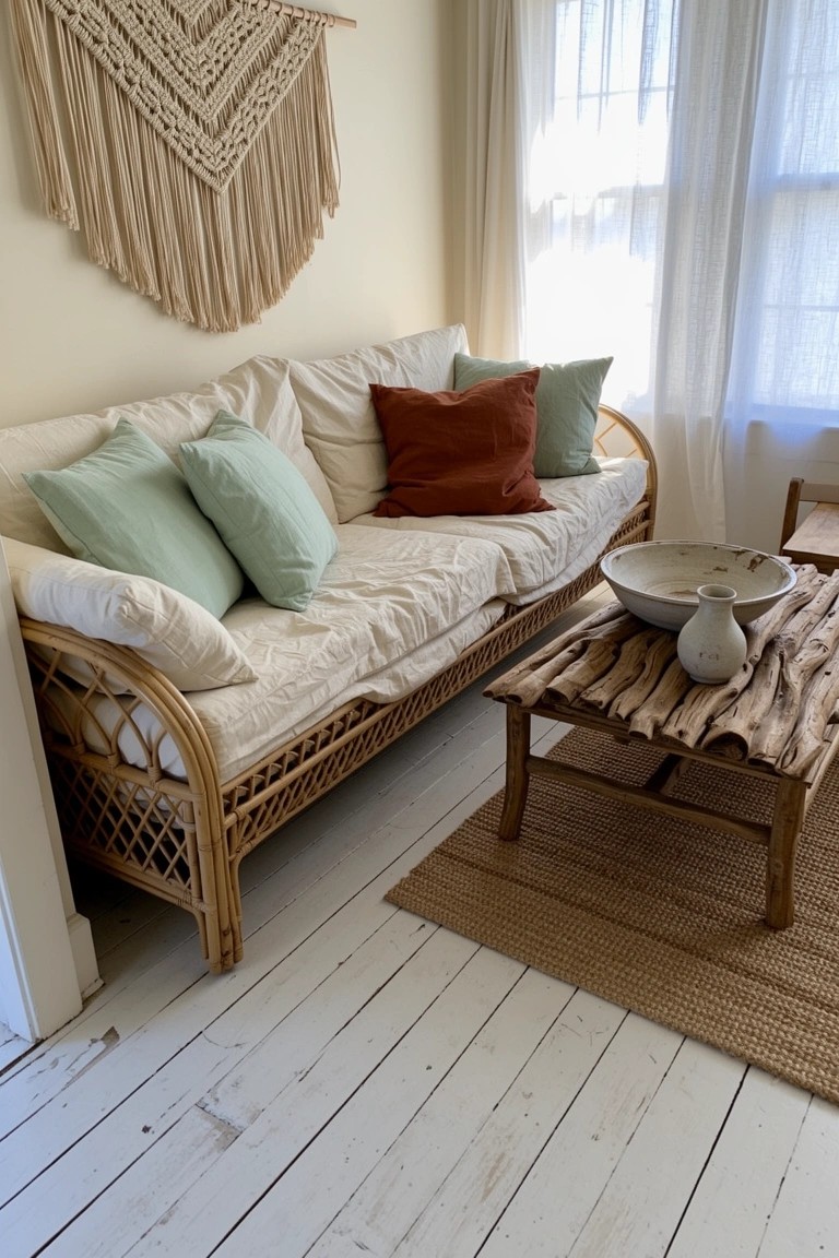 Rattan daybed with white cushions and teal pillows next to driftwood coffee table in light boho room