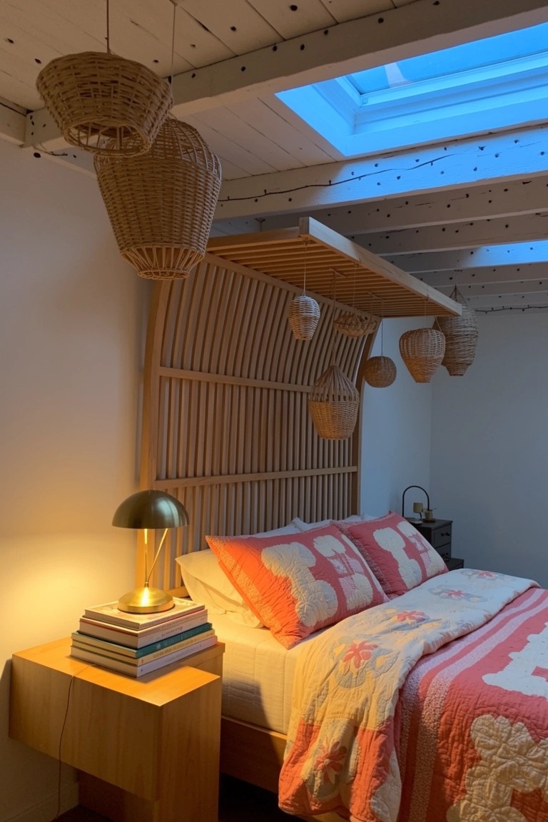 Bedroom corner with tall arched rattan headboard, woven pendant lights hanging overhead, orange floral quilt on bed, wooden nightstand with lamp and books, skylight in beamed ceiling