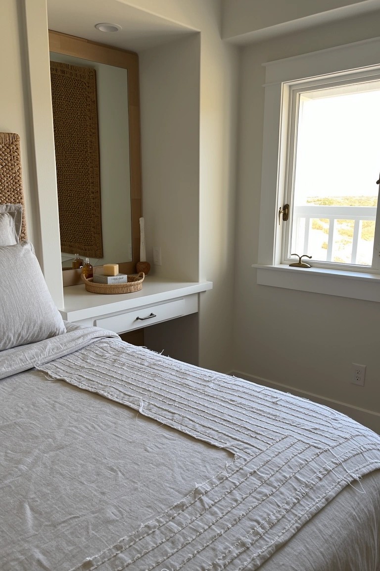 Coastal bedroom corner with white desk topped by woven baskets, rattan mirror backdrop, and bed with textured white bedding