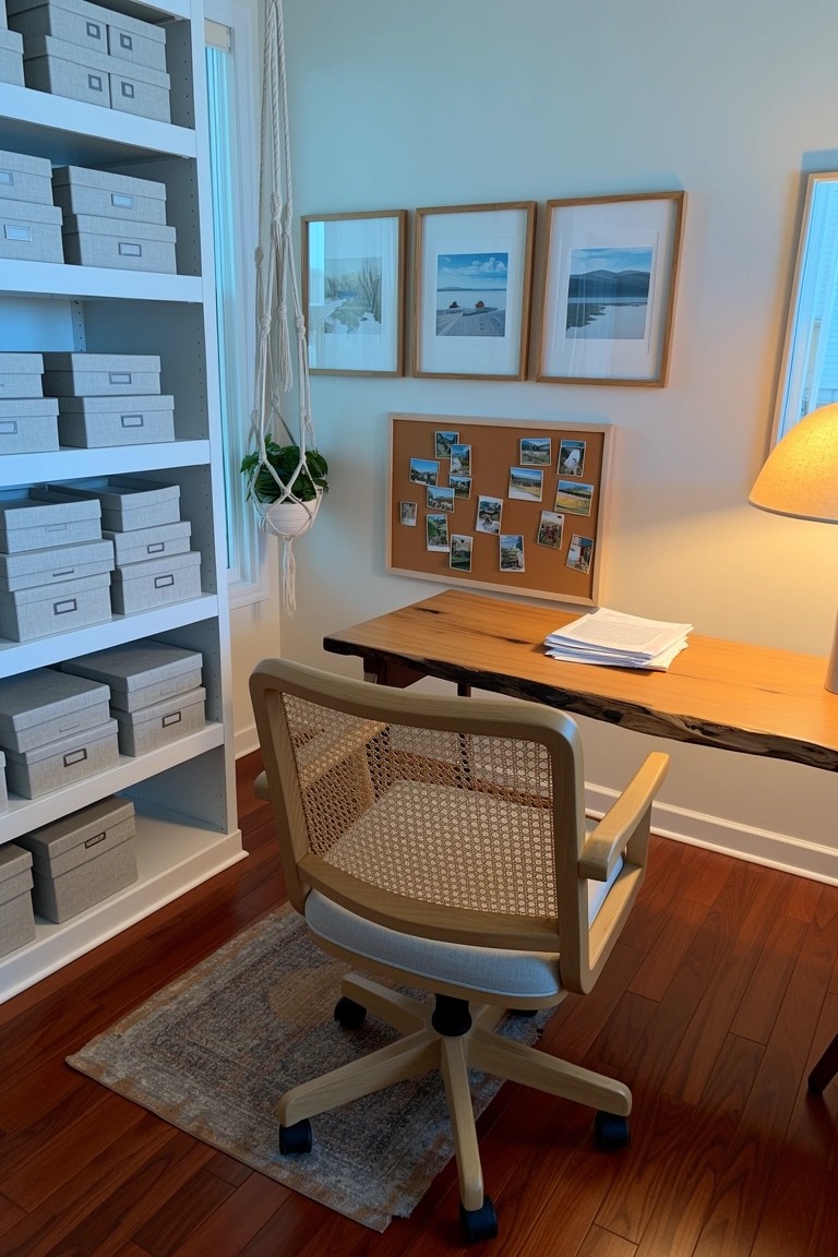 Coastal boho home office nook with open shelves full of white storage boxes, live edge wood desk, and rattan chair