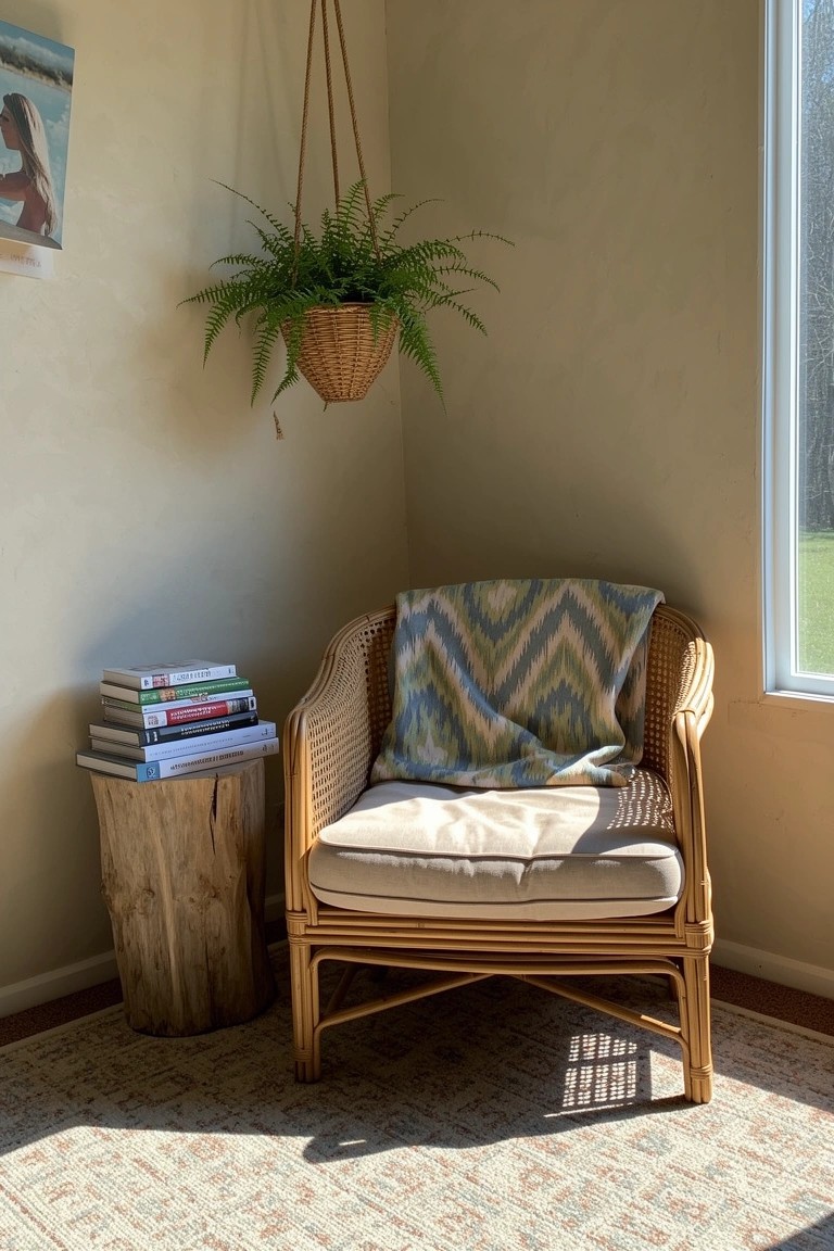Rattan wicker armchair in sunny room corner next to tree stump table with stacked books and overhead hanging fern