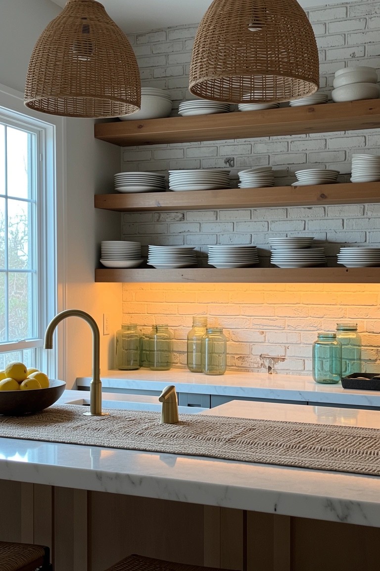 Coastal boho kitchen featuring wooden open shelves stacked with white plates, rattan pendant lights, and a seagrass runner on white marble island
