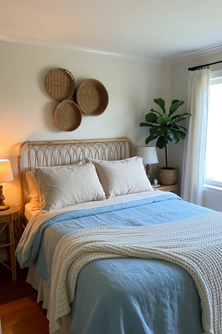 Bedroom with light walls, three woven baskets hung above a white rattan headboard, blue bedding, knit throw, wooden nightstand, and potted fiddle leaf fig near window