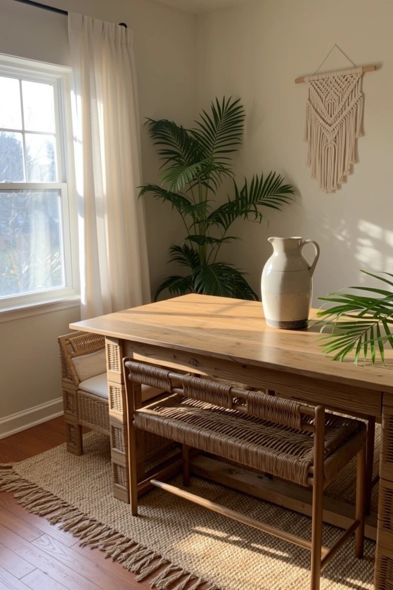 Wooden dining table with rattan bench seating tucked underneath, large potted palm plant beside it, white vase on table, macrame wall hanging, and jute rug in a light-filled room