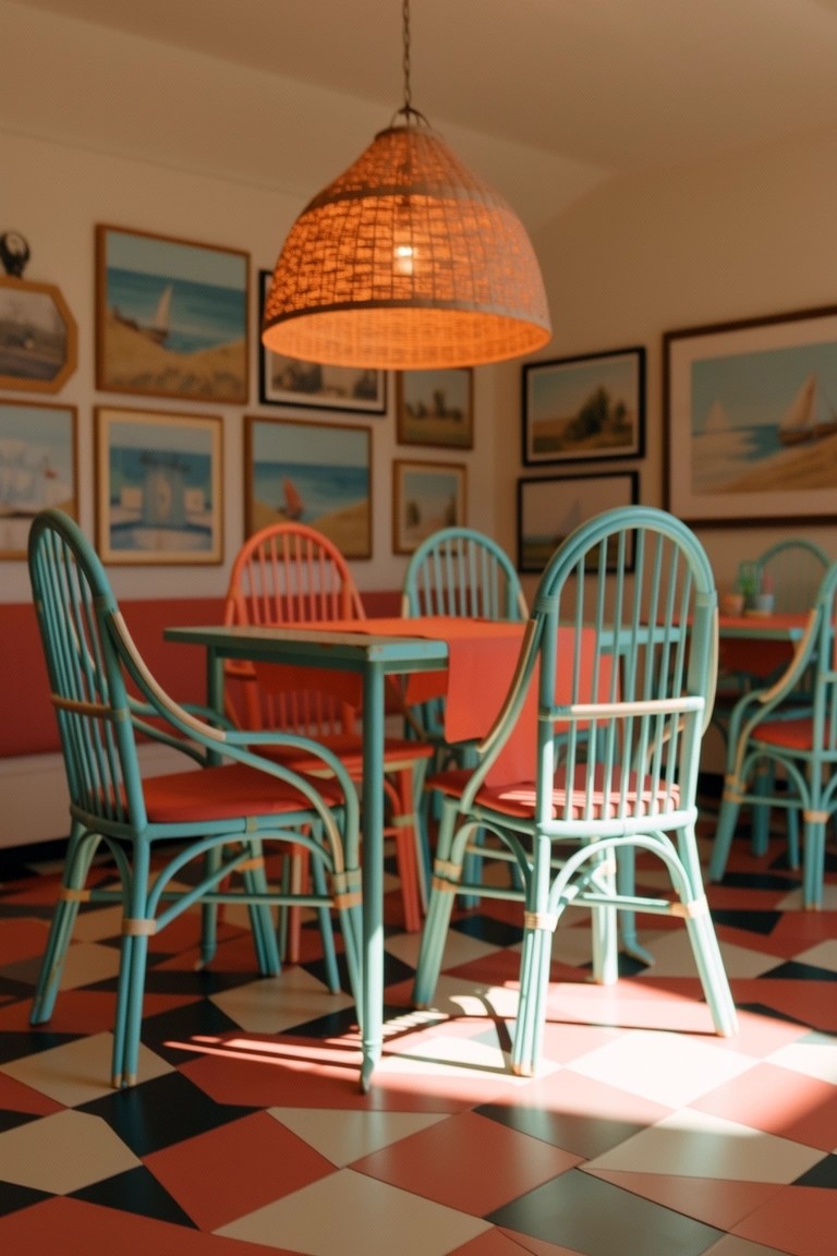 Coastal dining room featuring turquoise rattan chairs around a red wooden table on bold red-white-black checkered tile floor with woven pendant light and beach paintings
