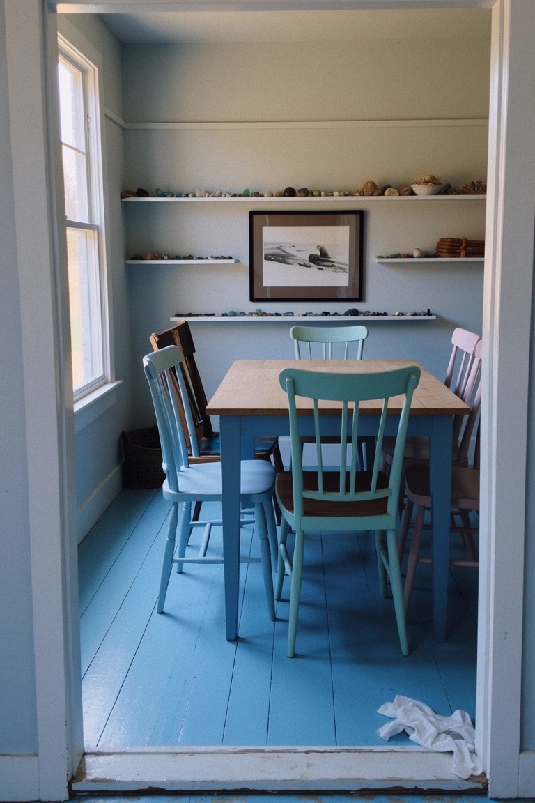 Coastal dining nook featuring mismatched colorful wooden chairs in blues and greens around a simple rectangular table, with blue painted floors and shelves displaying shells and rocks