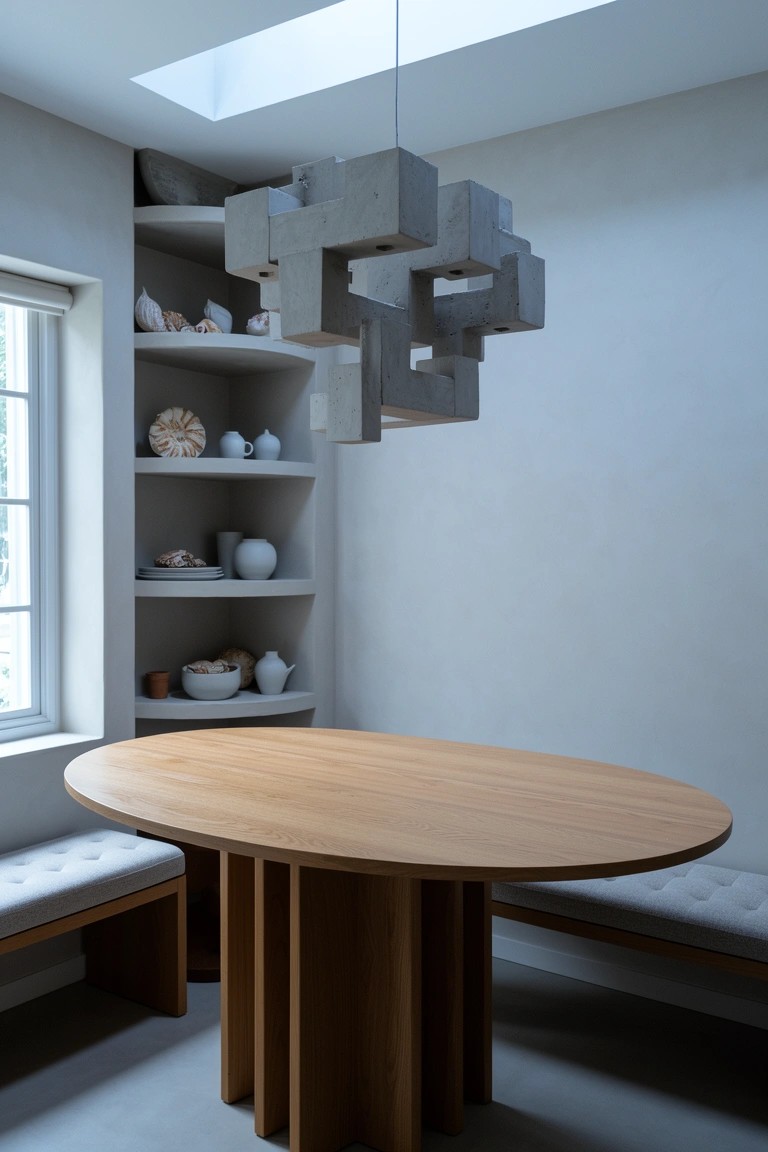 Geometric concrete pendant light over oval wooden dining table with benches in neutral coastal room with corner shelving and ceramics
